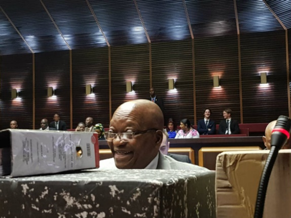 <p><em>Former president Jacob Zuma cracks a smile during court proceedings in the KZN High Court in Pietermaritzburg. (PHOTO: Kyle Cowan/News24)</em></p>