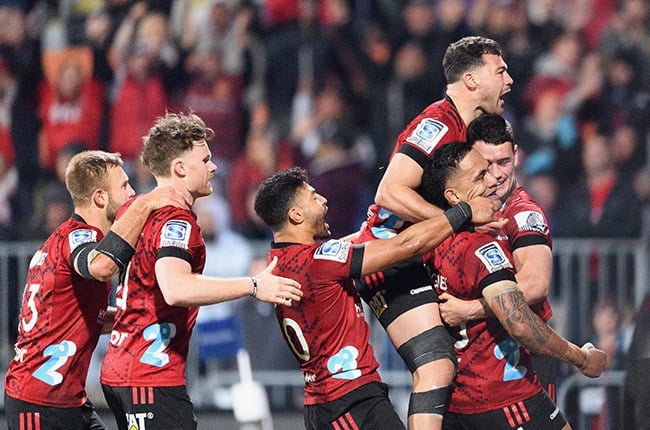 The Crusaders celebrate during their 26-15 win over the Blues in Christchurch on 11 July 2020. 