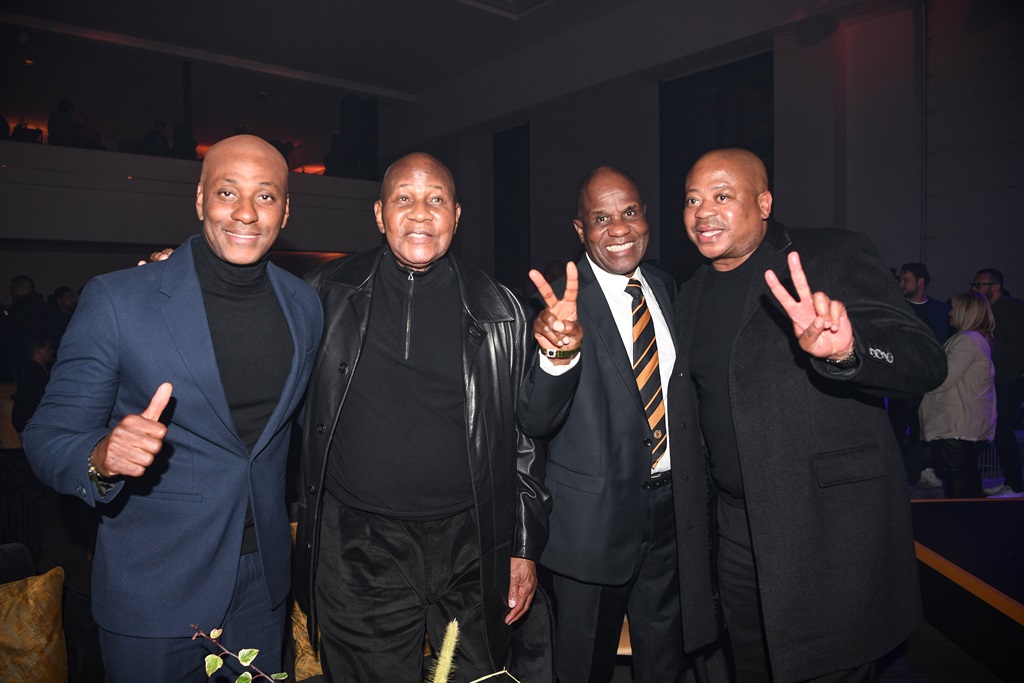 Kaizer Motaung jnr, Kaizer Motaung, Chiefs member and Bobby Motaung during the Kaizer Chiefs Kappa kit launch at The Galleria on July 25, 2023 in Johannesburg, South Africa. 