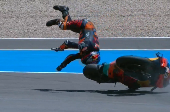 Brad Binder flying off his bike during the 2020 Andalucia GP (MotoGP / Twitter)