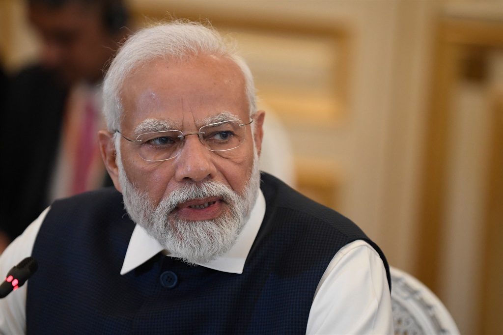 India's Prime Minister Narendra Modi speaks during a meeting at The Ministry of Foreign Affairs in Paris on July 14, 2023.