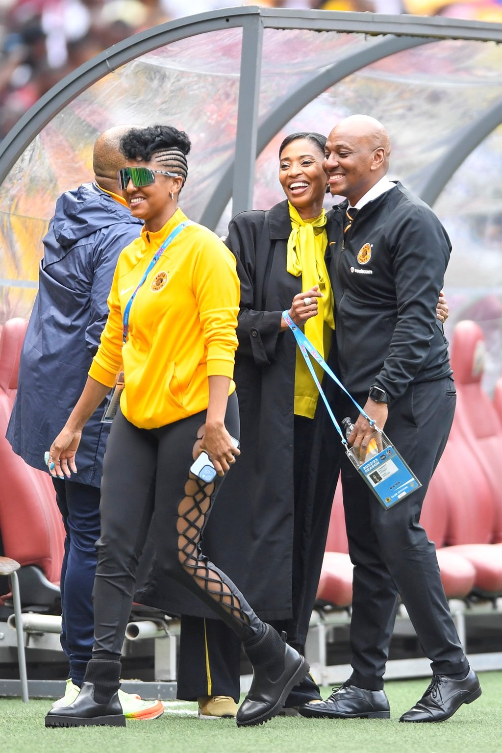 JOHANNESBURG, SOUTH AFRICA - MAY 06:   Kaizer Motaung jnr, Jessica Motaung and Kemiso Motaung During the Nedbank Cup semi final match between Kaizer Chiefs and Orlando Pirates at FNB Stadium on May 06, 2023 in Johannesburg, South Africa. (Photo by Lefty Shivambu/Gallo Images)
