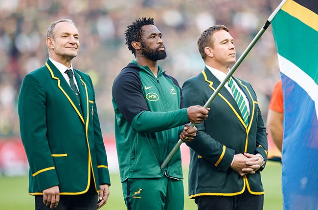 Former Springbok captains Francois Pienaar and John Smit flank current Springbok captain Siya Kolisi ahead of the Springbok/Argentina Test at Ellis Park.