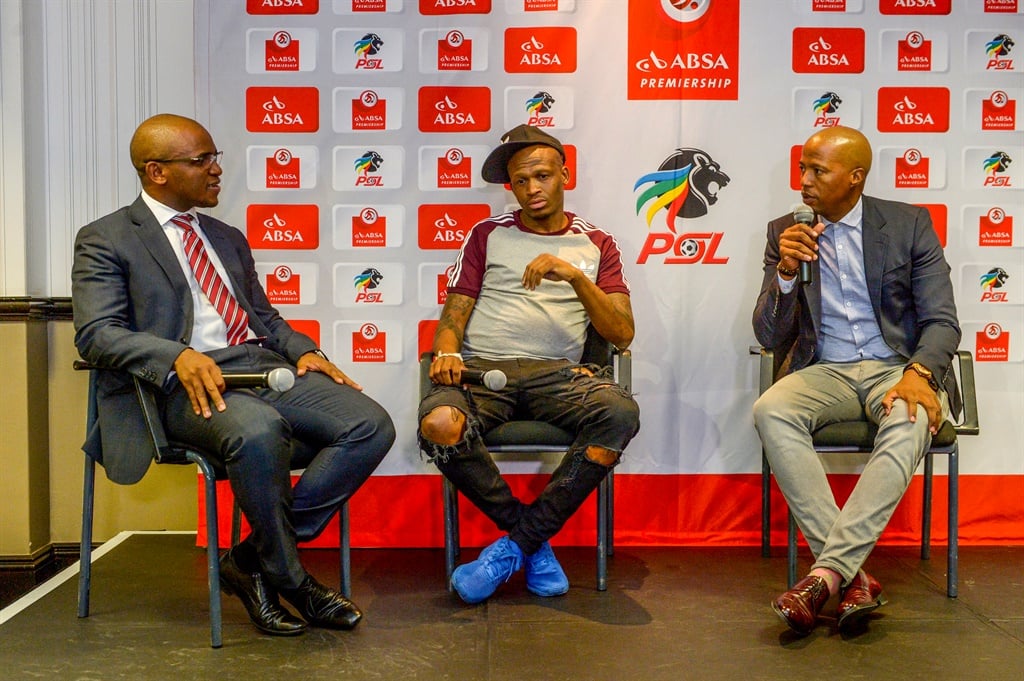 Luxolo September of the PSL talks to former professional football players Jimmy Tau and Siphiwe Mkhonza in 2017 in Johannesburg. Picture: Sydney Seshibedi/Gallo Images