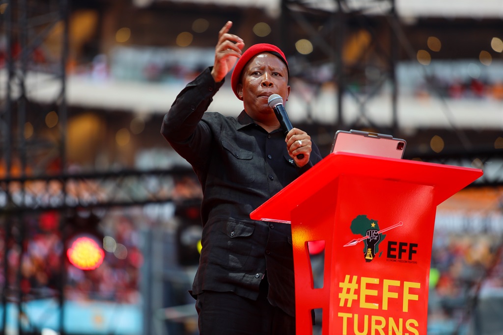Julius Malema addressing supporters of the Economic Freedom Fighters (EFF) on the 10th Anniversary at FNB Stadium on 29 July 2023 in Johannesburg, South Africa.   (Photo by Gallo Images/Papi Morake)