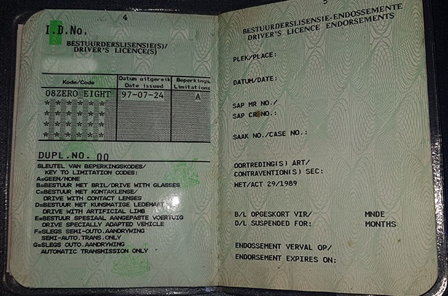 What the South African driving licence looked like in the green ID books. Before the credit card driving licence format which needs to be renewed every five years, your driving licence document never needed renewals. 