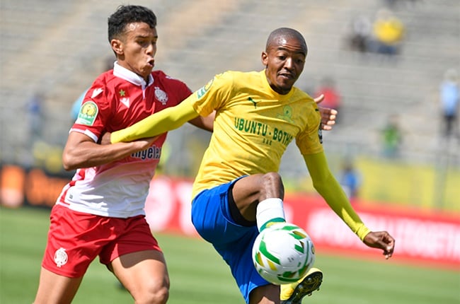 Badr Gaddarine of Wydad Athletic Club and Thapelo Morena of Mamelodi Sundowns during the CAF Champions League match between Mamelodi Sundowns and Wydad Athletic Club at Lucas Moripe  Stadium on February 01, 2020 in Pretoria, South Africa.