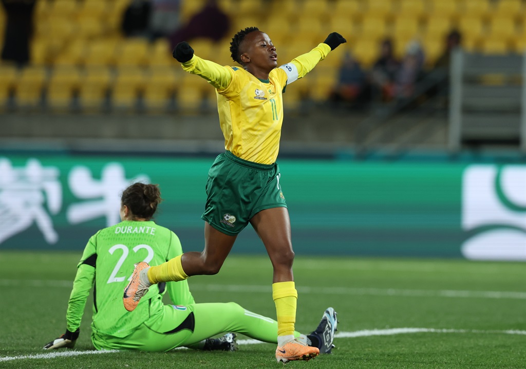 South Africa's Thembi Kgatlana (C) celebrates after Italy scored an own goal during the FIFA Women's World Cup 2023 soccer group G match between South Africa and Italy, in Wellington, New Zealand, 02 August 2023   