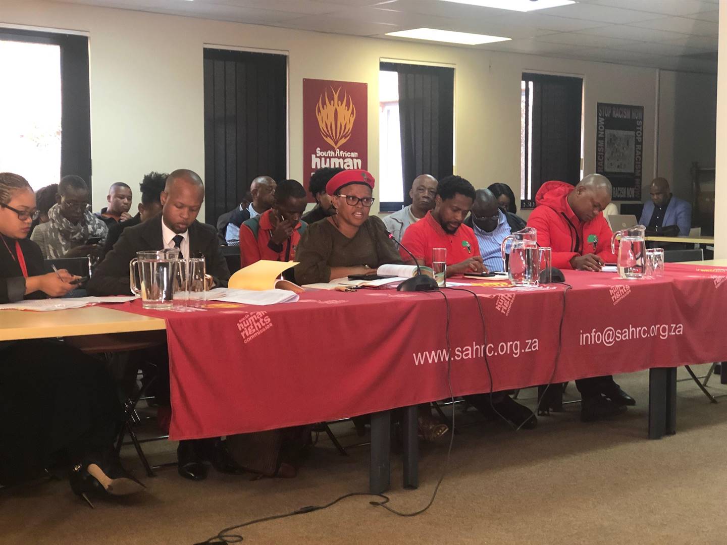 EFF Gauteng Provincial Chairpersom Mandisa Mashego accompanied by EFF national spokesperson Mbuyiseni Ndlozi giving testimony before the SA Human Rights Commission’s inquiry is to Alexandra. Picture: Palesa Dlamini