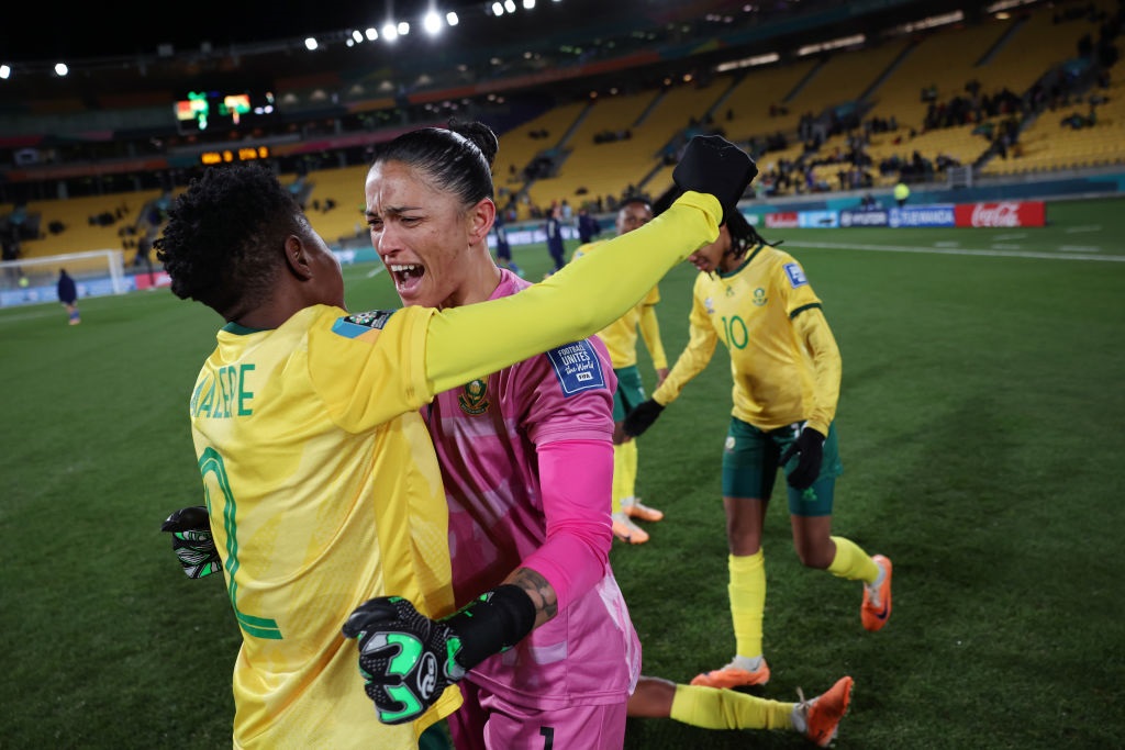 WELLINGTON, NEW ZEALAND - AUGUST 02: Lebohang Ramalepe and Kaylin Swart of South Africa celebrate after their team advanced to the knockouts during the FIFA Womens World Cup Australia & New Zealand 2023 Group G match between South Africa and Italy at Wellington Regional Stadium on August 02, 2023 in Wellington, New Zealand. (Photo by Maja Hitij - FIFA/FIFA via Getty Images)