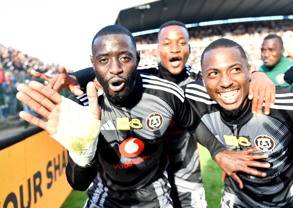 Orlando Pirates winger Deon Hotto celebrates with his teammates after scoring a goal during the MTN8 semi final 1st leg against Stellenbosch FC. 