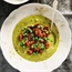 Pea soup with spicy bacon