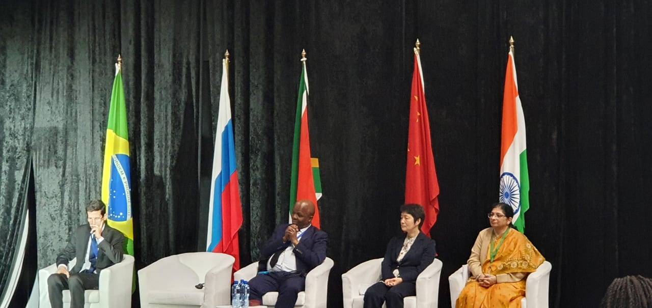 From left: Daniel Cavalcanti of the Brazilian Ministry of Communications, Mondli Gungubele, Minister of Communications and Digital Technology, Zhiqin Wang, vice president of the Chinese Academy of China and Gungun Dave, Indian deputy minister of communications.  Photo by Christiaan du Plessis 