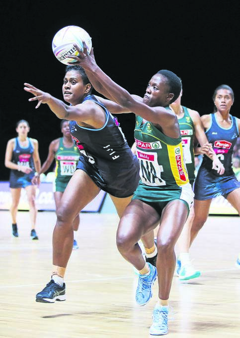 CENTURION Bongi Msomi of the Proteas and Ema Mualuvu of Fiji in action during last night’sNetball World Cup match at M&amp;S Bank Arena in Liverpool. Picture: Reg Caldecott / Gallo Images