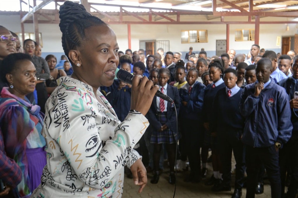 Minister Maropene Ramokgopa addresses the pupils of Mamelodi East Pre-Vocational School. Photos by Raymond Morare