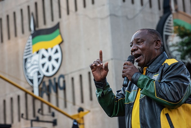 President Cyril Ramaphosa addresses the crowd during an ANC election victory rally on May 12, 2019, in central Johannesburg. (Photo: Michele Spatari/NurPhoto via Getty Images)