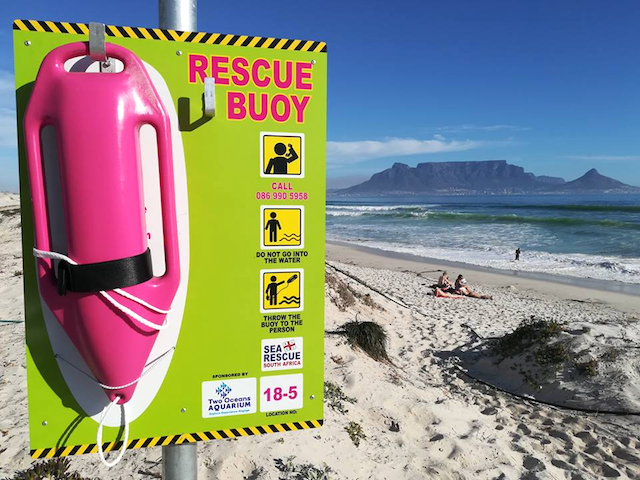An NSRI pink rescue buoy
