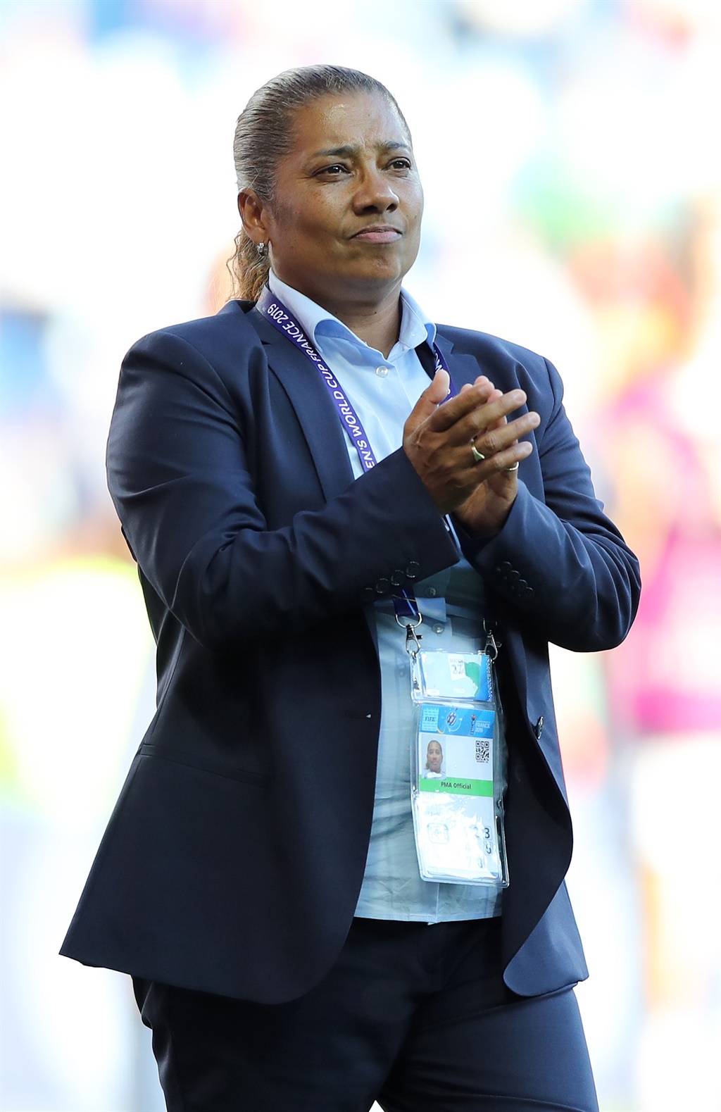 Desiree Ellis, Head Coach of South Africa shows appreciation to the fans after the 2019 FIFA Womens World Cup match.
Photo: Getty Images