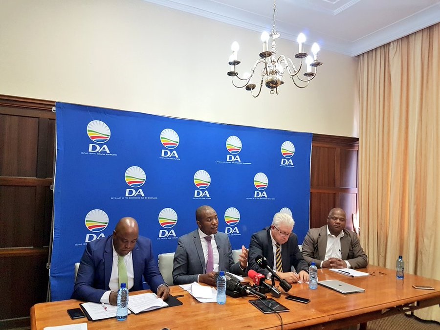 (From left) Stevens Mokgalapa, Mmusi Maimane, Western Cape Premier Alan Winde and Cape Town Mayor Dan Plato address the media on the DA-led governments. (Supplied, Twitter @Our_DA)