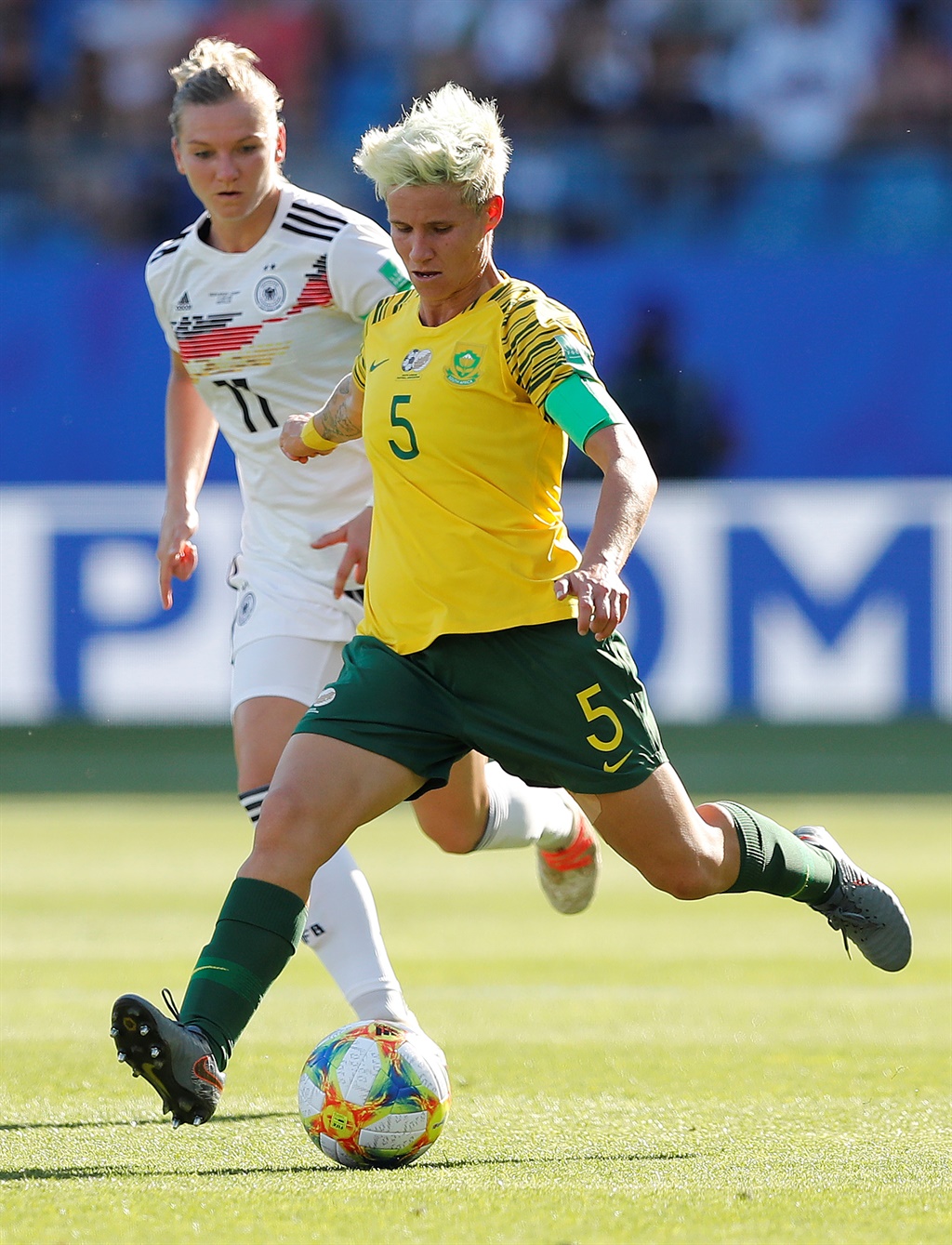 Alexandra Popp (L) of Germany and Janine Van Wyk of South Africa in action during the FIFA Womens World Cup 2019 Group B soccer match between South Africa and Germany in Montpellier, France, 17 June 2019. 