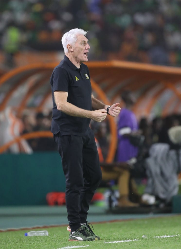 KORHOGO, IVORY COAST - JANUARY 16: South Africa Manager Hugo Broos directs his team during the TotalEnergies CAF Africa Cup of Nations group stage match between Mali and South Africa at Amadou Gon Coulibaly Stadium on January 16, 2024 in Korhogo, Ivory Coast. (Photo by MB Media/Getty Images)