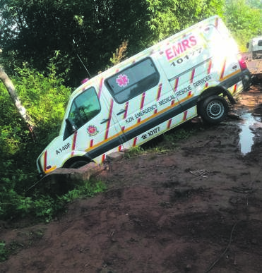 This ambulance driven by emergency workers was found on a gravel road in Inanda after two paramedics were attacked. .