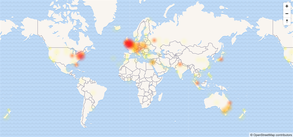 Locations where Cloudflare expierenced outages acr
