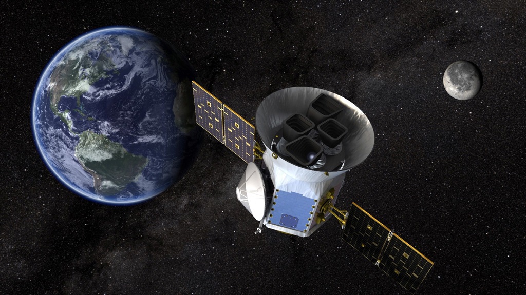 An illustration of the Transiting Exoplanet Survey Satellite in space.