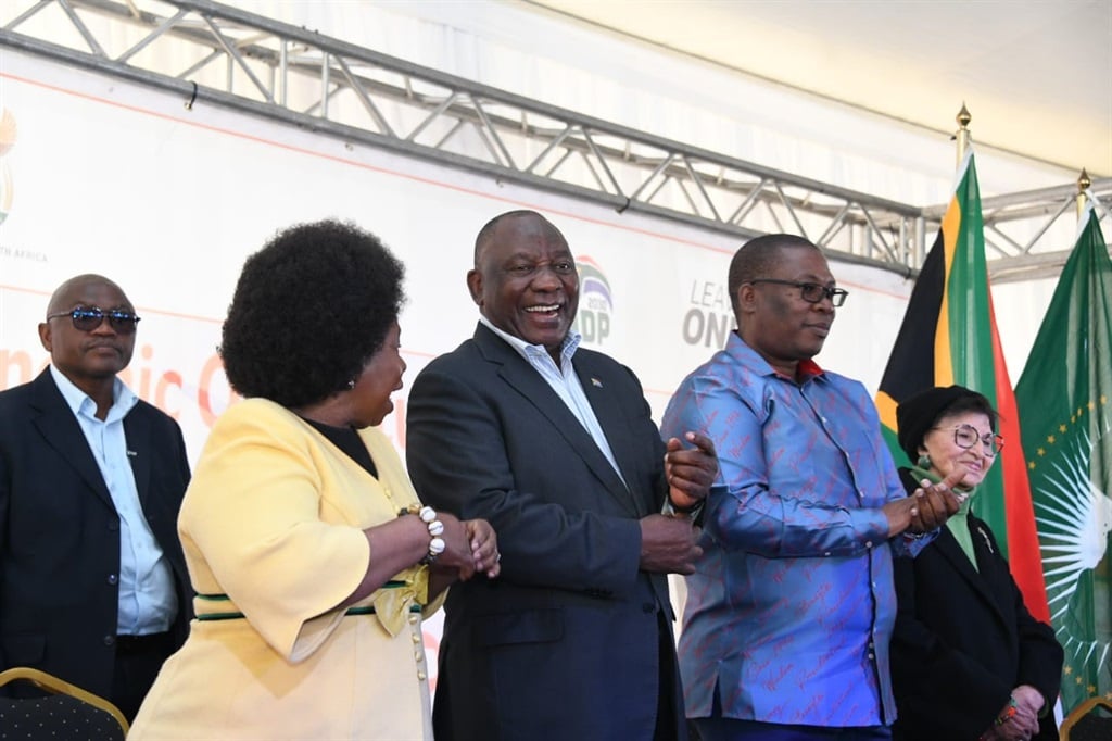 From left: Minister Nkosazana Dlamini-Zuma, President Cyril Ramaphosa, Gauteng Premier Panyaza Lesufi and anti-apartheid activist Sophie de Bruyn at the 2023 official Women's Day event.