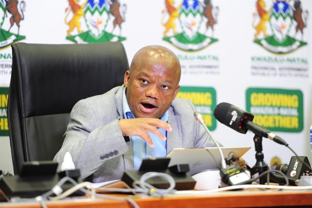 Premier Sihle Zikalala speaking at a Covid-19 press briefing.