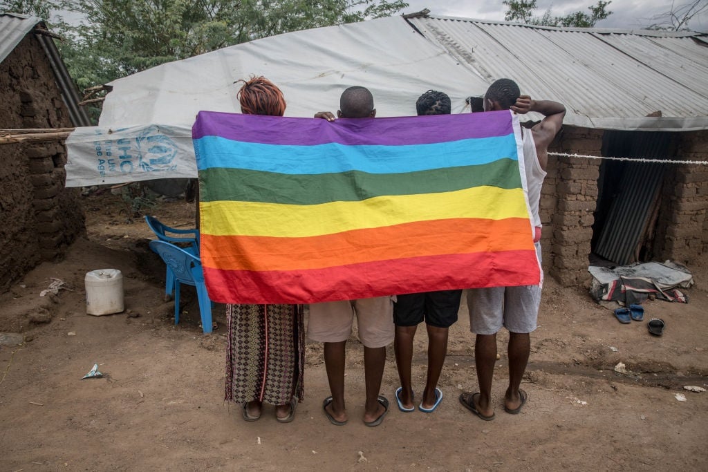 LGBT refugees pose in a protected section of Kakuma refugee camp in northwest Kenya. They fled Uganda following the passing of the anti-gay law.