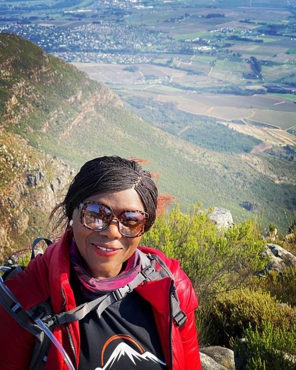 Thuli Madonsela on a hike in the mountains. 