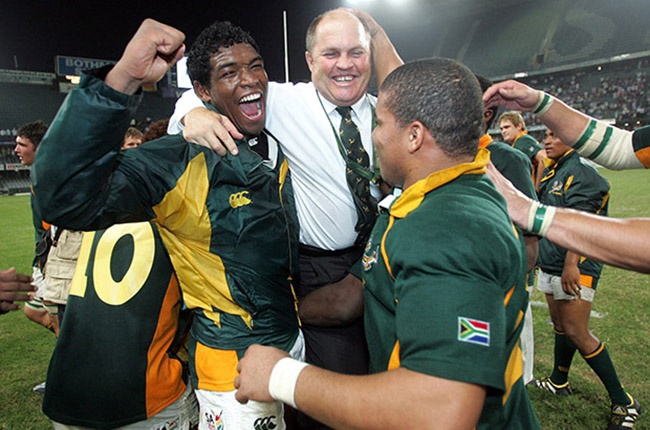 Hilton Lobberts celebrates with Eugene Eloff after winning the IRB U19 World Championship final against New Zealand at Kings Park in Durban on 17 April 2005.