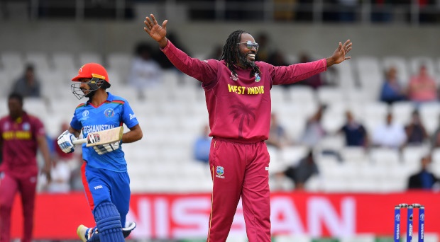 Chris Gayle of West Indies appeals succesfully for the wicket of Ikram Ali Khil of Afghanistan during the Group Stage match of the ICC Cricket World Cup 2019 between Afghanistan and West Indies at Headingley on July 04, 2019 in Leeds, England. (Photo by Clive Mason/Getty Images)