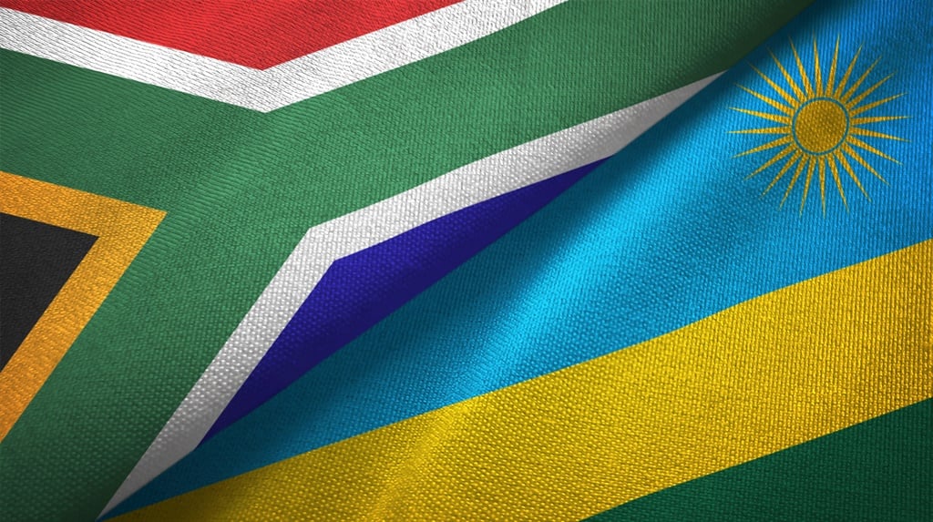 Rwanda and South Africa flags together textile clo