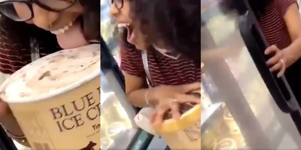 A woman was filmed licking a tub of ice cream then putting it back in the in-store freezer.