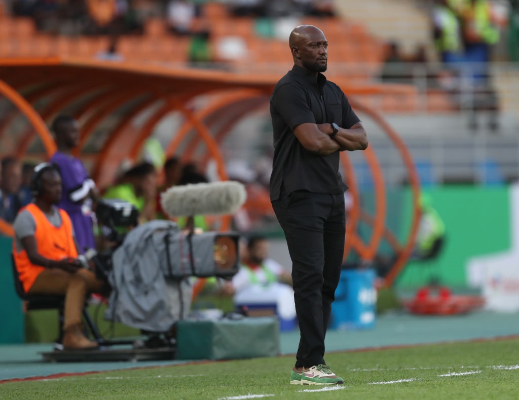 KORHOGO, IVORY COAST - JANUARY 16: Namibia Manager Collin Benjamin looks on during the TotalEnergies CAF Africa Cup of Nations group stage match between Tunisia and Namibia at Amadou Gon Coulibaly Stadium on January 16, 2024 in Korhogo, Ivory Coast. (Photo by MB Media/Getty Images)