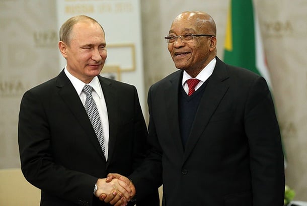 Russian President Vladimir Putin (L) greets South African President Jacob Zuma (R) during their bilateral meeting at the BRICS 2015 Summit on July 8, 2015 in Ufa, Russia. (Photo by Sasha Mordovets/Getty Images)