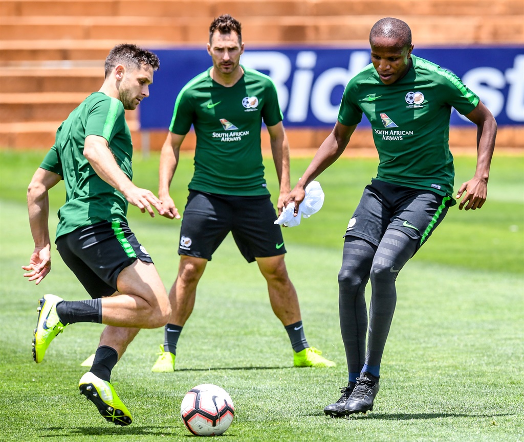  Dean Furman and Lebogang Manyama of Bafana Bafana players during the South African national mens soccer team training session at Sturrock Park on November 11, 2019 in Johannesburg, South Africa.