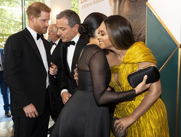 Meghan, Duchess of Sussex embraces Beyonce Knowles-Carter as they attend the European Premiere of Disney's 'The Lion King' (Photo: Getty Images)