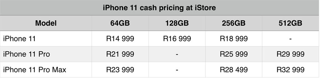 iPhone 11 pricing at iStore South Africa. 