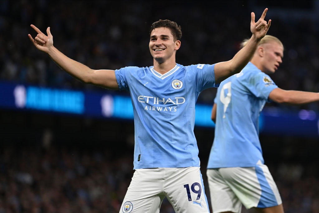 MANCHESTER, ENGLAND - AUGUST 19: Julian Alvarez of Manchester City celebrates the first goal during the Premier League match between Manchester City and Newcastle United at Etihad Stadium on August 19, 2023 in Manchester, United Kingdom. (Photo by Neal Simpson/Sportsphoto/Allstar via Getty Images)