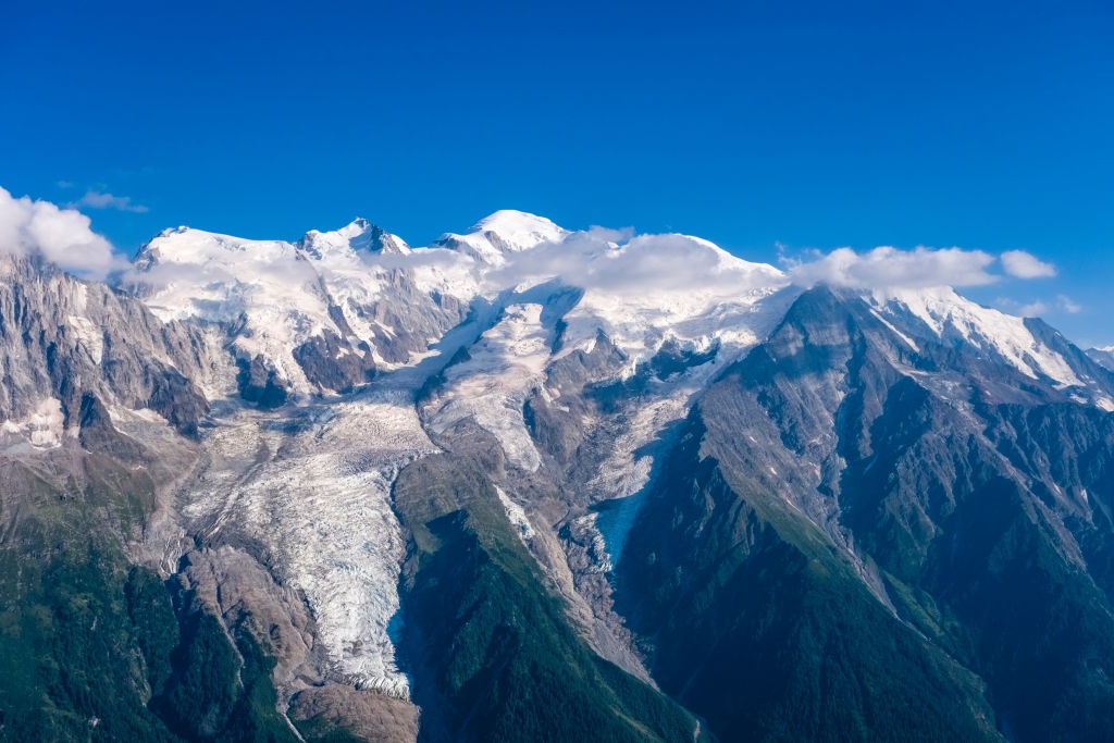 The summits of Mont Blanc du Tacul, Mont Maudit, Mont Blanc and Dome du Goutier, from left, seen from Le Brevent. 