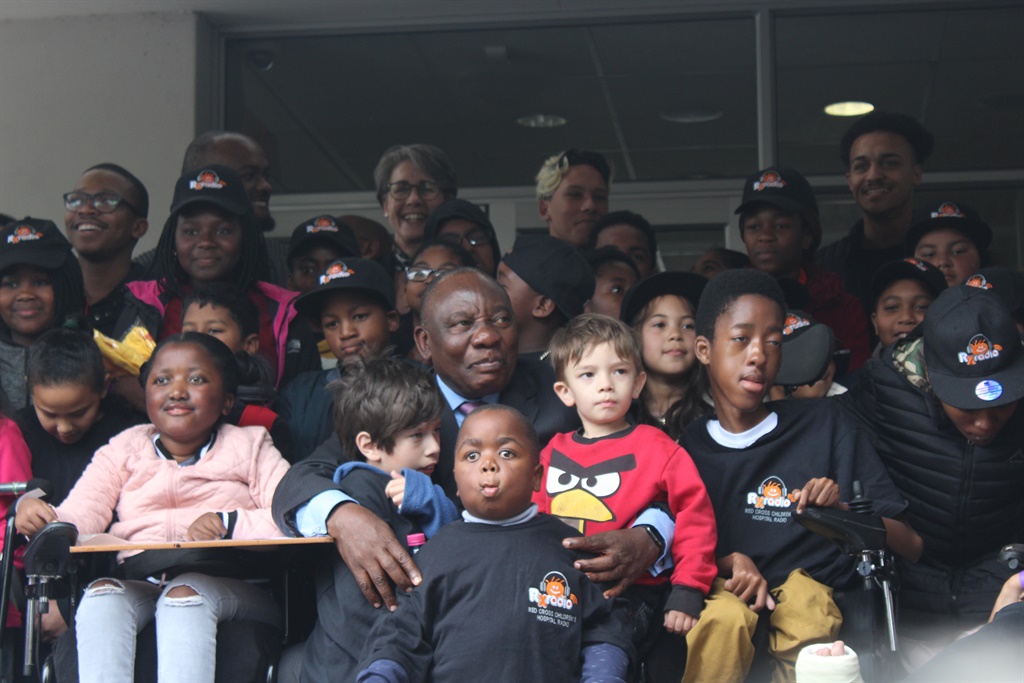President Cyril Ramaphosa with kids at Red Cross Children Hospital in Cape Town today. Photo by Misheck Makora