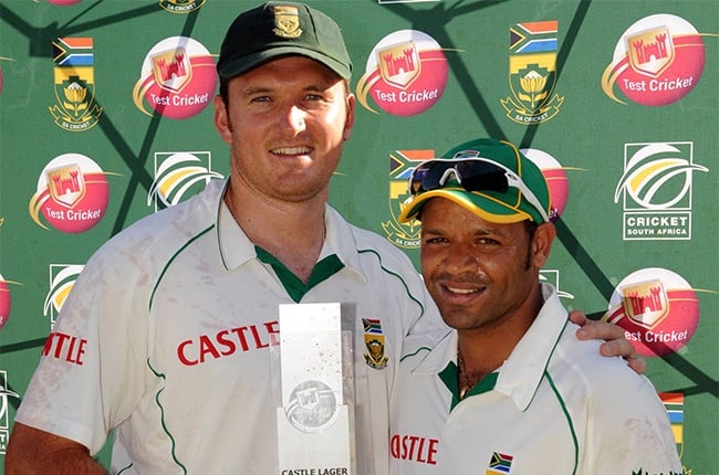 Graeme Smith and Ashwell Prince of South Africa with the trophy following their victory during day three of the second test match between South Africa and Bangladesh at SuperSport Park on November 28, 2008 in Centurion, South Africa.