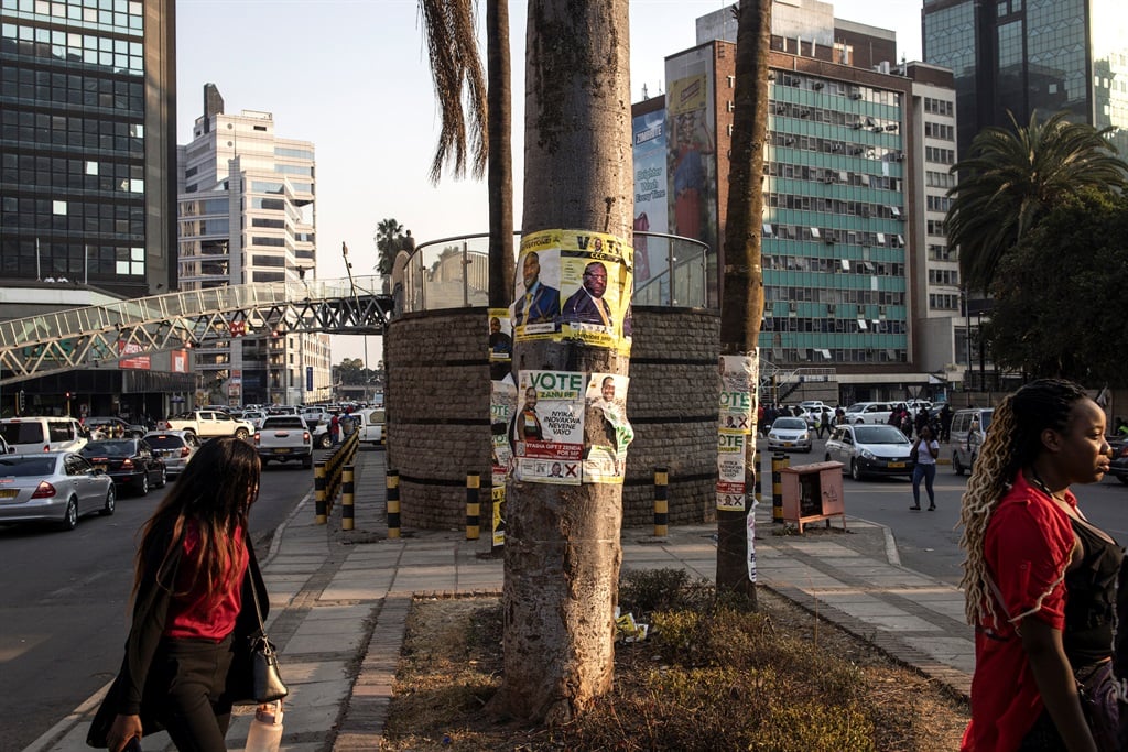 Campaign posters in Harare on 22 August 2023. (Photo by John Wesels / AFP)