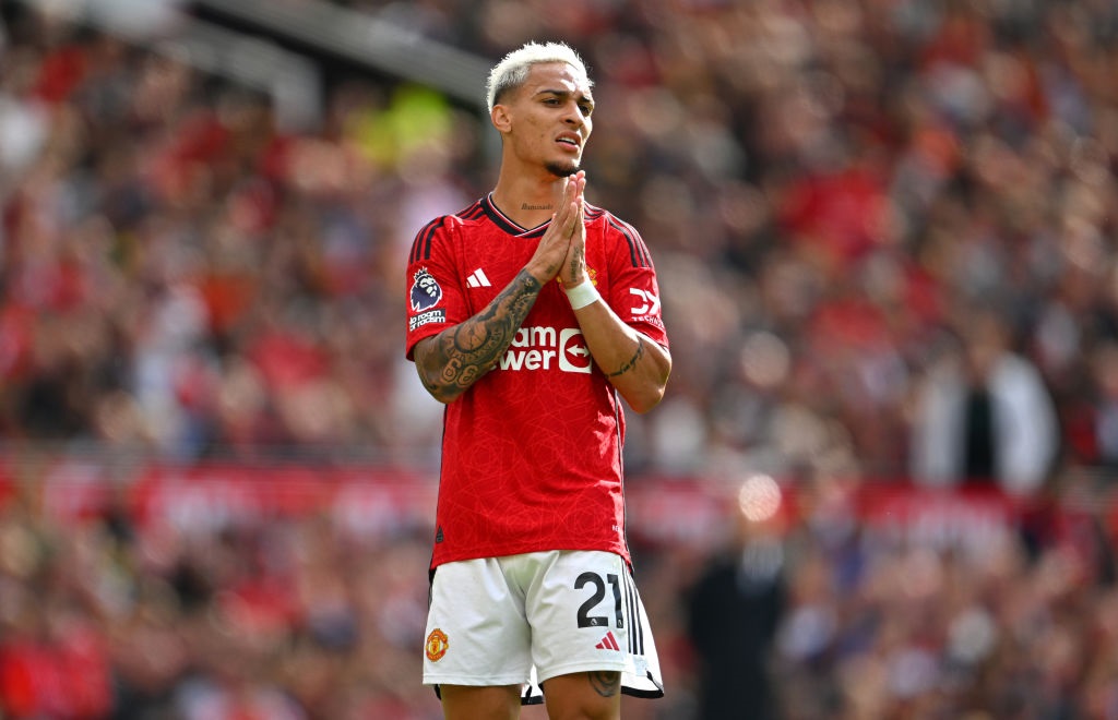MANCHESTER, ENGLAND - AUGUST 26: Manchester United player Antony reacts during the Premier League match between Manchester United and Nottingham Forest at Old Trafford on August 26, 2023 in Manchester, England. (Photo by Stu Forster/Getty Images)