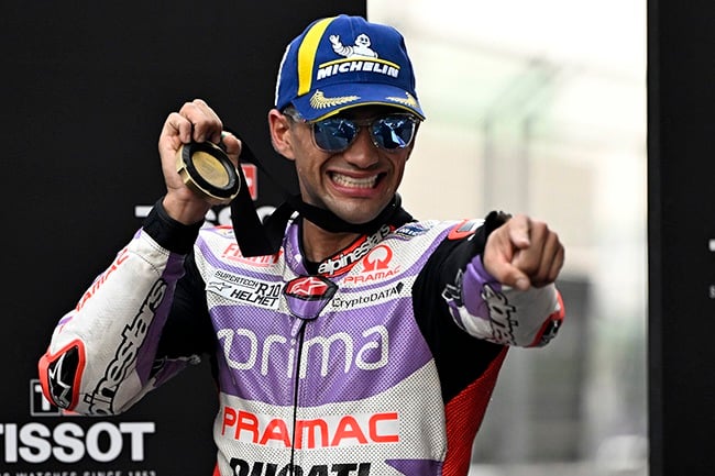 Spain's Jorge Martin of Spain celebrates after winning the sprint race of the Indian MotoGP Grand Prix at the Buddh International Circuit on 23 September 2023. (Photo by Prakash Singh/Getty Images)