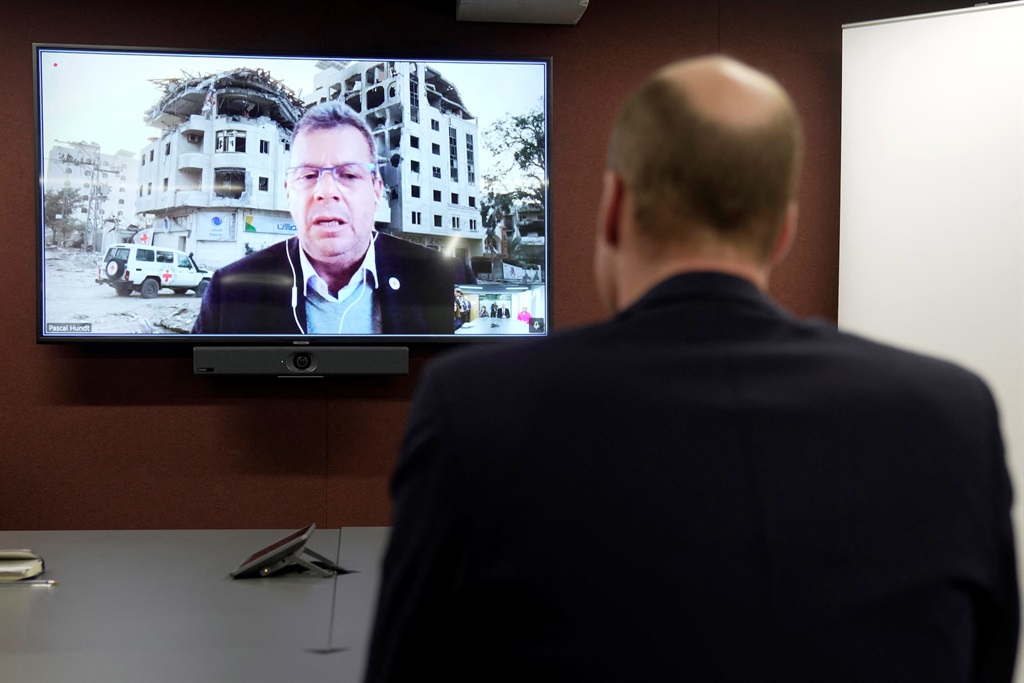 Prince William is seen in a video conversation with Pascal Hundt, senior crisis manager for the International Committee of the Red Cross, who was speaking from a Gaza street. 