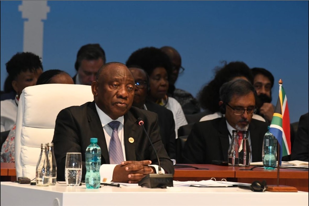 From left: President Cyril Ramaphosa and Minister of Trade and Industry Ebrahim Patel at the BRICS Summit in Sandton Convention Centre in Joburg. 